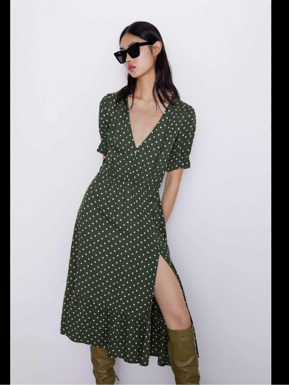 Zara Midi Olive Green Polka Dot Dress